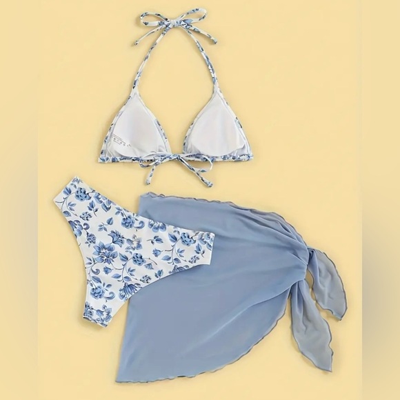 3pc Blue Floral Triangle Halter Bikini Set with Sarong Cover Up - Picture 2 of 6